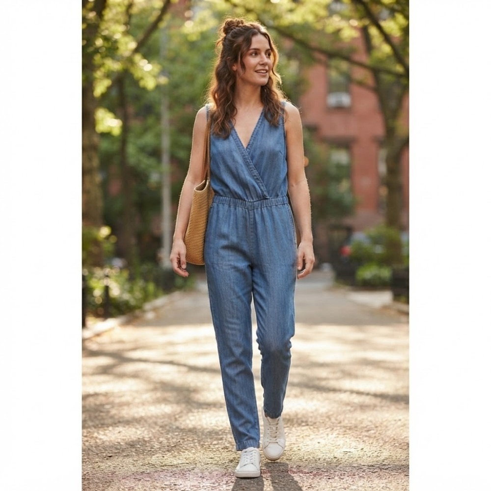 Mimi Chica Womens Blue Cotton Chambray Sleeveless V-Neck Elastic Jumpsuit M